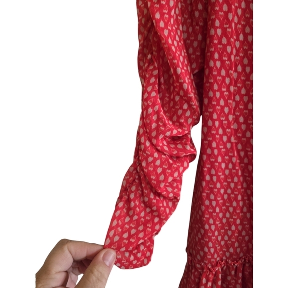 All Saints Red Heart Print Mini Wrap Dress Medium Long Ruched Sleeves - Picture 5 of 10